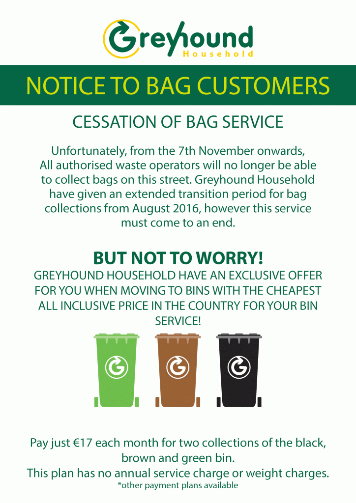 Cessation of bag service, Greyhound Bags, Dublin 8, Dublin 7, Dublin 3