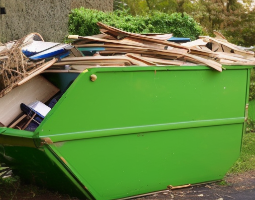 green skip in front of house