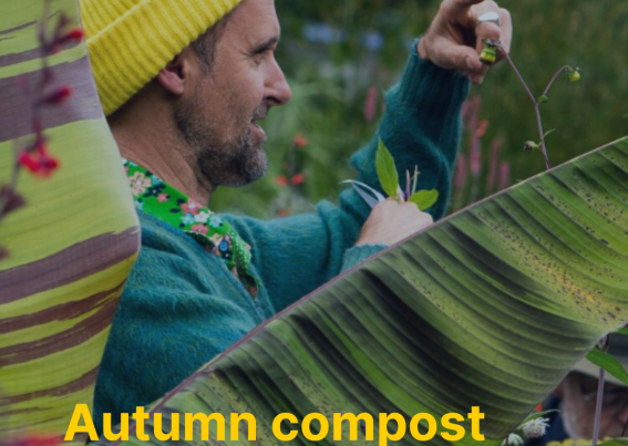 A picture of Irish gardener Jimi Blake above text reading Autumn Compost