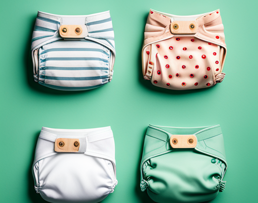 A picture of 4 reusable nappies, set in a square format on a green background.