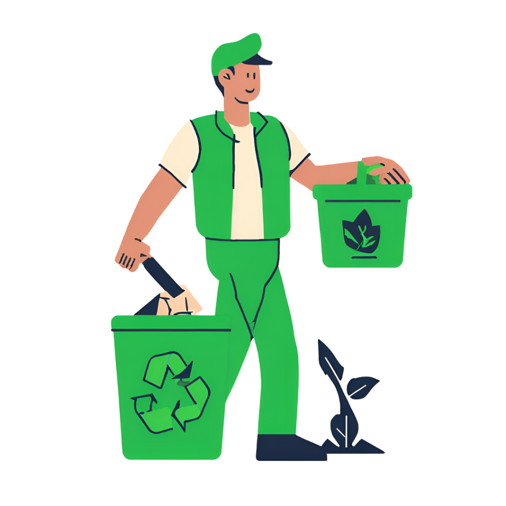 A cartoon image of a waste collector, collecting waste
