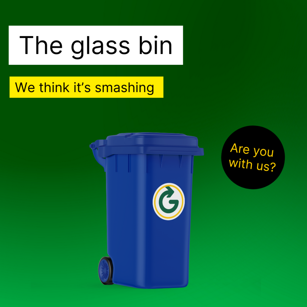 A blue glass bin from Greyhound Recycling against a green background with the words "The Glass Bin" written as a title