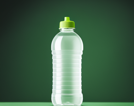 A plastic bottle on a table with a green background.