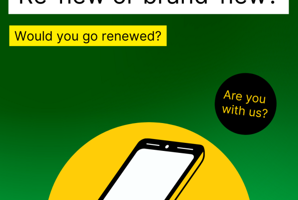 A mobile phone on a green and yellow background with the text "Re-New or brand-new?"