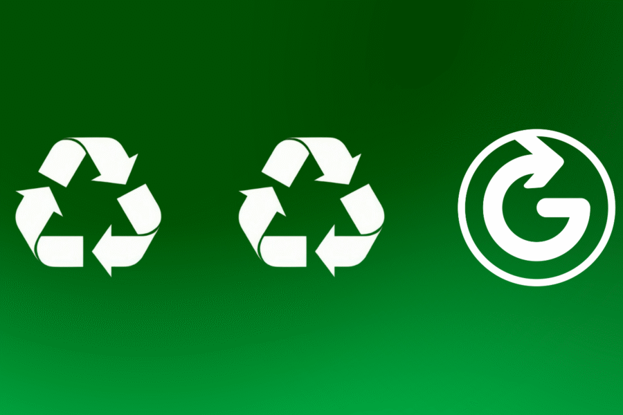 2 recycling symbols on a green background with the Geyhound recycling logo on the end showing a progress from recycling to Greyhound.
