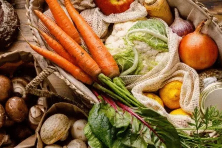 Locally sourced fresh food in cloth bags. Showing sustainability.