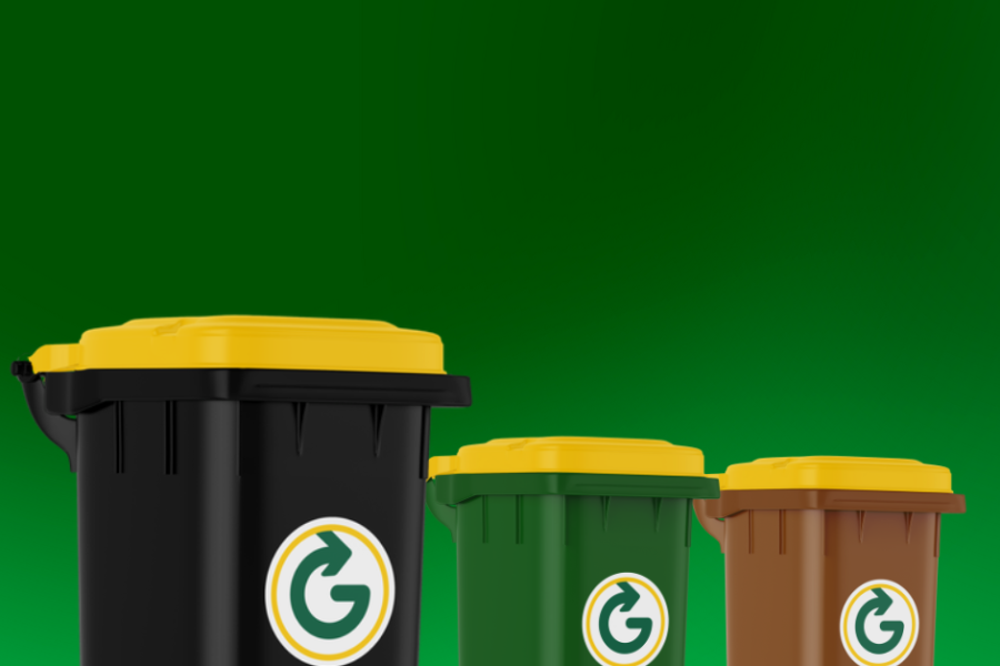 3 bins. Black, Green & Brown bins. On a green background.