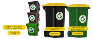 a 240l black bin and a 140l green bin side by side with measurements and a stack of 3 bin caddies with measurements.