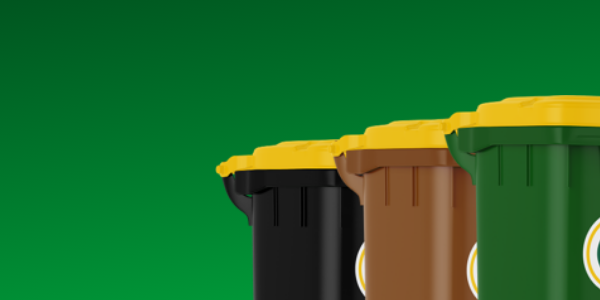 Greyhound green, brown and black bins on the right side of the image with the Greyhound logo in the top left. Green gradiant background.