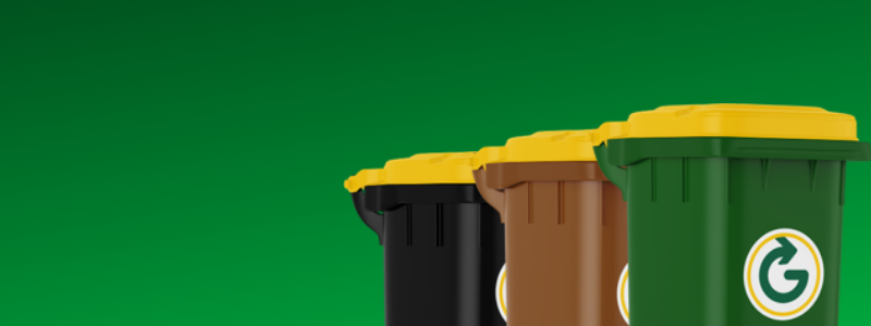 Greyhound green, brown and black bins on the right side of the image with the Greyhound logo in the top left. Green gradiant background.