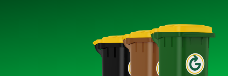 Greyhound green, brown and black bins on the right side of the image with the Greyhound logo in the top left. Green gradiant background.