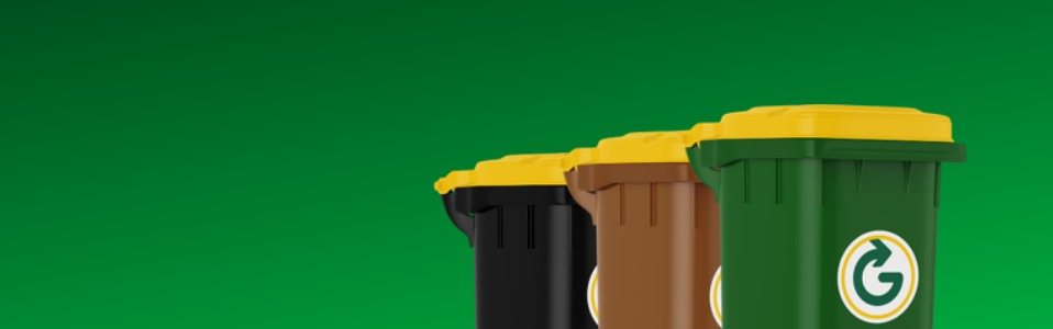Greyhound green, brown and black bins on the right side of the image with the Greyhound logo in the top left. Green gradiant background.